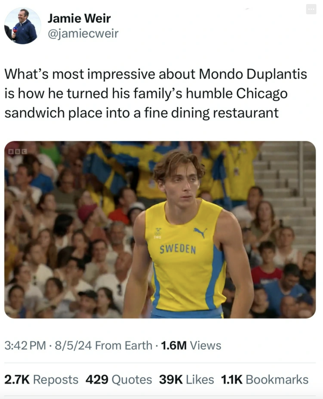 athlete - Jamie Weir What's most impressive about Mondo Duplantis is how he turned his family's humble Chicago sandwich place into a fine dining restaurant 008 Sweden 8524 From Earth 1.6M Views Reposts 429 Quotes 39K Bookmarks